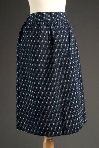 Front view of indigo blue kasuri dirndl skirt with turquoise basketweave pattern